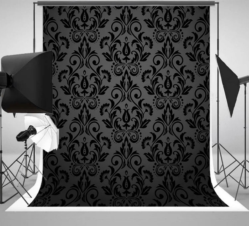 Photography Dark Cloth - black gray white damask dark floral